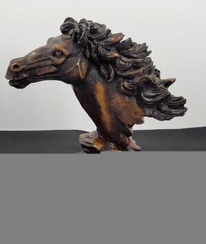 Vintage Running Horse Head Bust Resin Sculpture Faux Wood Western Decor Figure